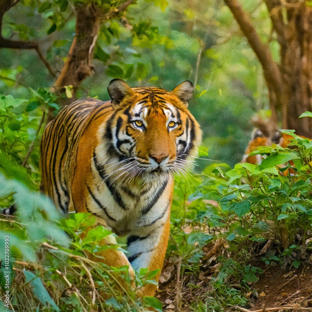 Stunning Wildlife Capture of Majestic Tigers Roaming Freely Through the Dense Jungle During Spring, Showcasing Raw Nature at Its Best with No Human Presence Stunning Wildlife Capture of Majestic Tigers Roaming Freely Through the Dense Jungle During Spring, Showcasing Raw Nature at Its Best with No Human Presence