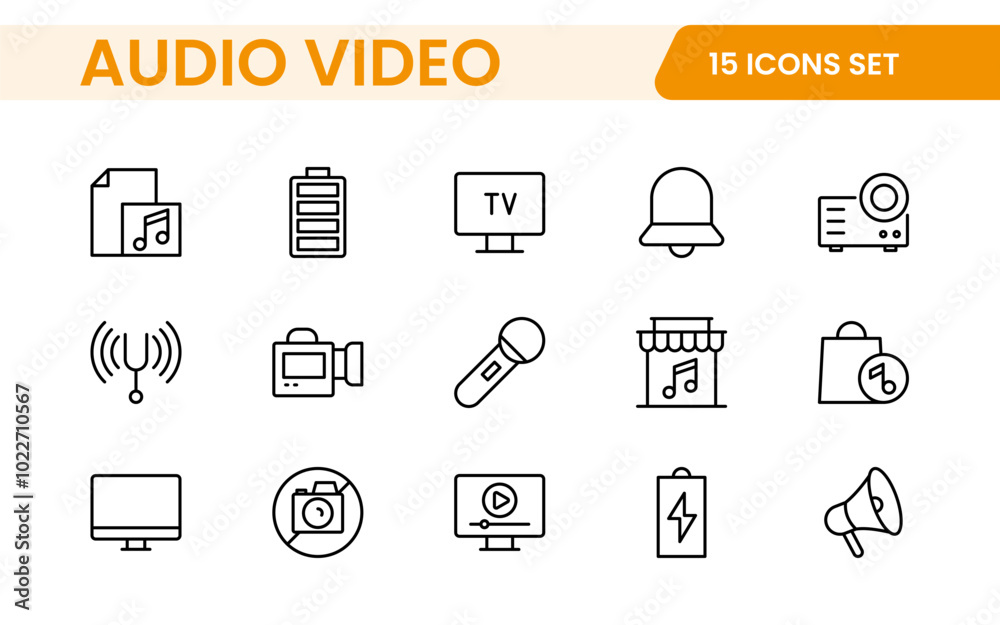 Audio Video Icons Pack. Thin line icons set. Flat icon collection set. Simple outline icons. Audio Video Icons Pack. Thin line icons set. Flat icon collection set. Simple outline icons.