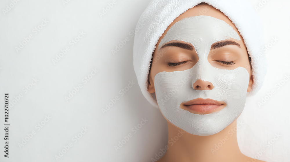 A woman relaxing with a face mask, wearing a white towel on her head. She has her eyes closed, enjoying some self-care and pampering in a serene environment. A woman relaxing with a face mask, wearing a white towel on her head. She has her eyes closed, enjoying some self-care and pampering in a serene environment.