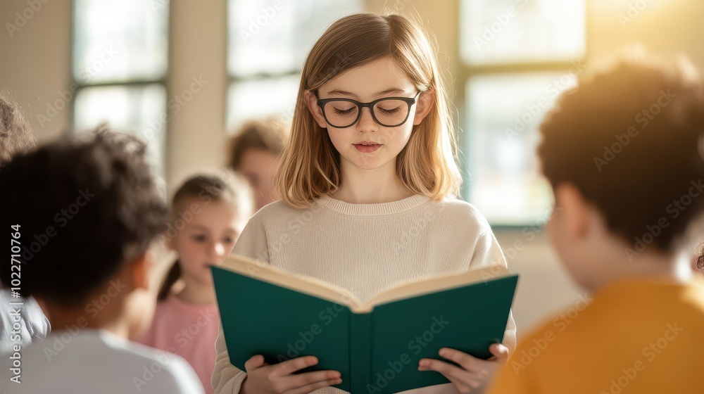 A focused girl reads a book to an attentive group of children in a bright classroom, promoting literacy and learning. A focused girl reads a book to an attentive group of children in a bright classroom, promoting literacy and learning.