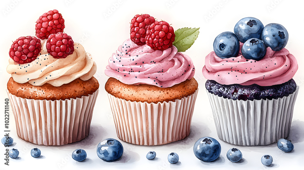 Four different cupcakes, featuring a chocolate cupcake with white cream frosting, decorated with colorful sprinkles. The assortment includes a vanilla cupcake topped with fruit, a red velvet cupcake w Four different cupcakes, featuring a chocolate cupcake with white cream frosting, decorated with colorful sprinkles. The assortment includes a vanilla cupcake topped with fruit, a red velvet cupcake w