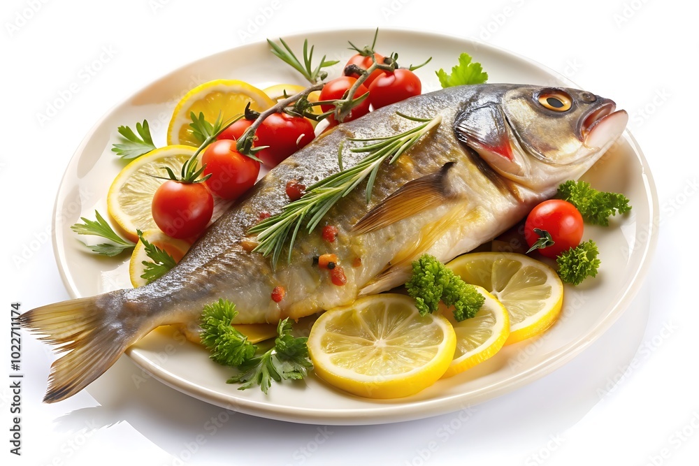 Fish Recipe Isolated Photo. Gourmet Seafood Dish Image. Fish Dish on White Photo. Fish Recipe Isolated Photo. Gourmet Seafood Dish Image. Fish Dish on White Photo.