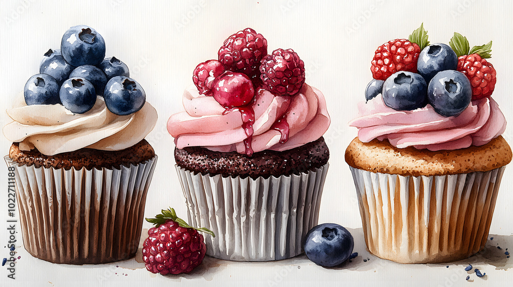 Four different cupcakes, featuring a chocolate cupcake with white cream frosting, decorated with colorful sprinkles. The assortment includes a vanilla cupcake topped with fruit, a red velvet cupcake w Four different cupcakes, featuring a chocolate cupcake with white cream frosting, decorated with colorful sprinkles. The assortment includes a vanilla cupcake topped with fruit, a red velvet cupcake w
