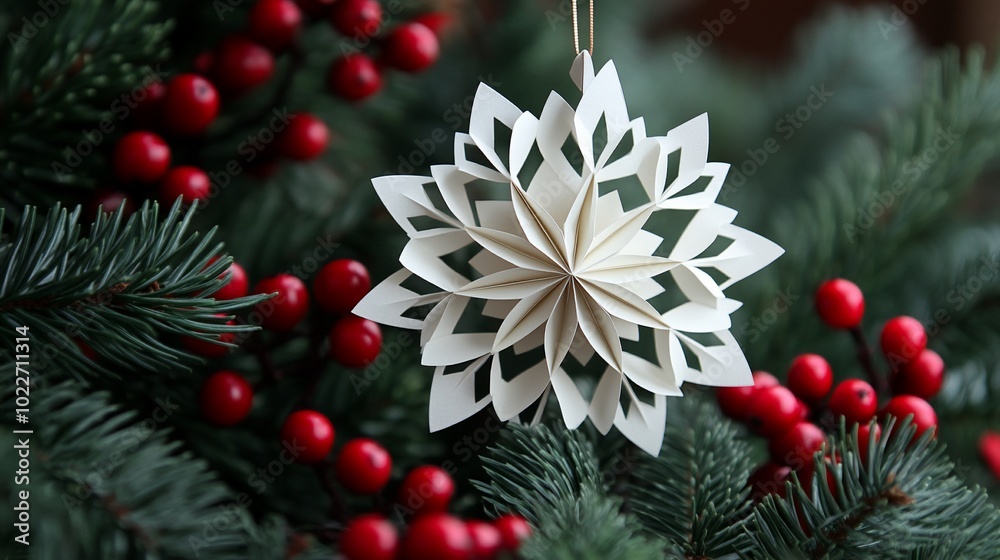 Paper snowflake ornament hanging on a Christmas tree branch with red berries. Paper snowflake ornament hanging on a Christmas tree branch with red berries.