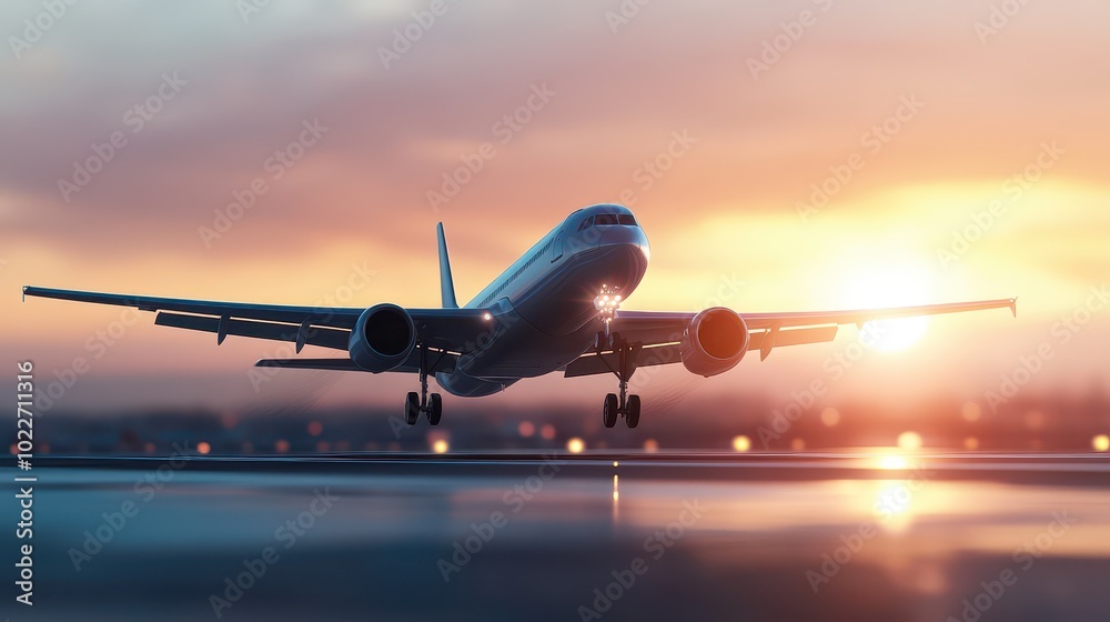 A breathtaking view of an airplane taking off into a stunning sunset, symbolizing travel and adventure in the sky. A breathtaking view of an airplane taking off into a stunning sunset, symbolizing travel and adventure in the sky.