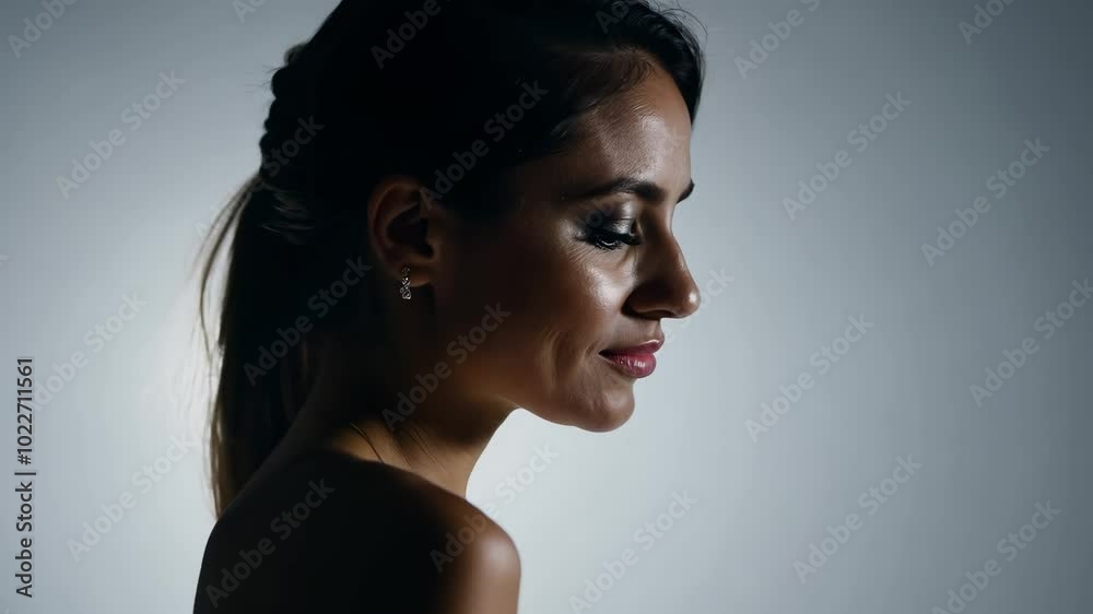 Elegant side profile of a smiling woman in low key lighting Elegant side profile of a smiling woman in low key lighting