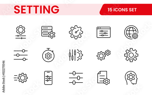 Settings, icon set. Containing options, configuration, preferences, adjustments, operation, gear, control panel, equalizer, management, optimization and productivity icons.