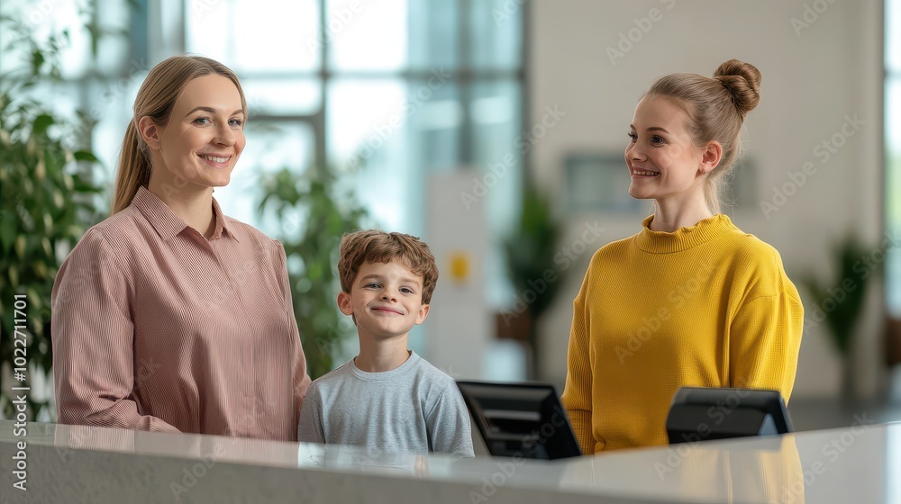 A cheerful group of three people smiling together at a reception desk, showcasing warmth and friendliness in a welcoming environment. A cheerful group of three people smiling together at a reception desk, showcasing warmth and friendliness in a welcoming environment.
