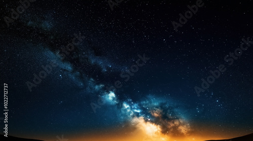 A stunning night sky with the Milky Way galaxy visible, showcasing numerous stars and cosmic clouds, creating a breathtaking view of the universe.