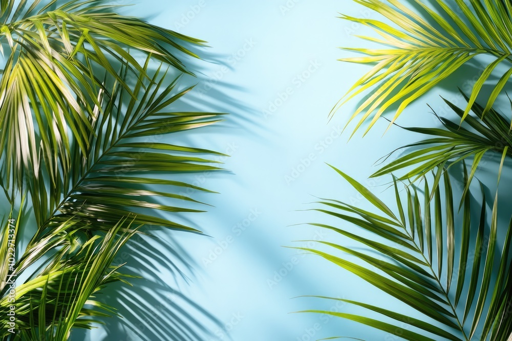 Tropical Palm Leaves Against Sunlight with Light Blue Background