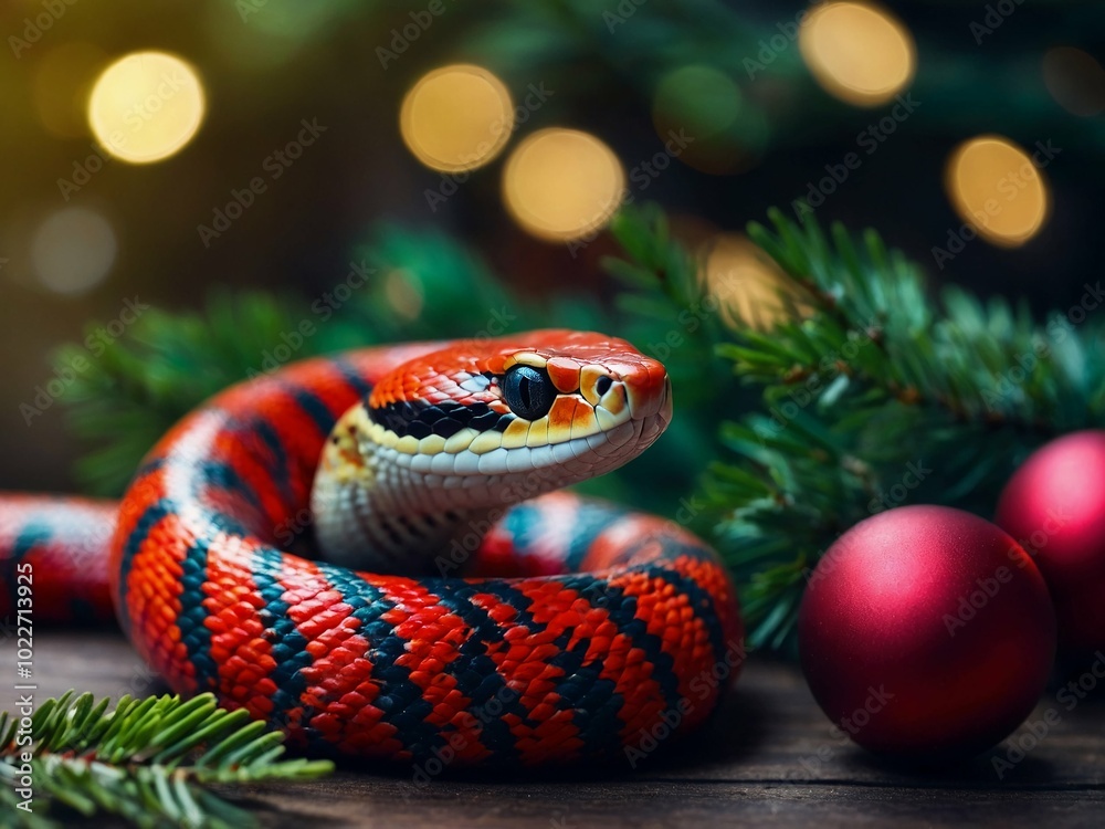 red new year snake symbol of 2025 christmas card on blurred background of fir tree garlands and festive atmosphere red new year snake symbol of 2025 christmas card on blurred background of fir tree garlands and festive atmosphere