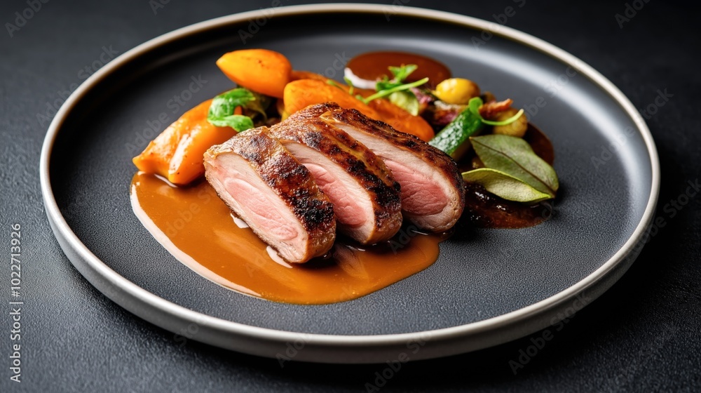 Gourmet dish featuring sliced duck breast with a caramelized crust, served with roasted vegetables and a rich sauce on a dark ceramic plate. Gourmet dish featuring sliced duck breast with a caramelized crust, served with roasted vegetables and a rich sauce on a dark ceramic plate.