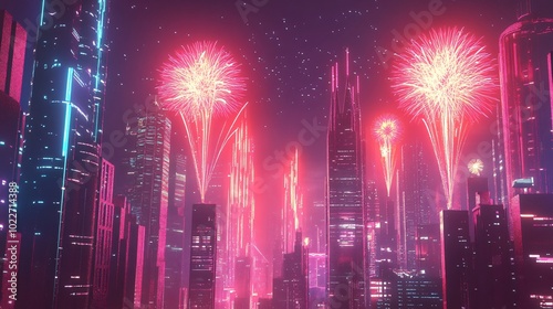 Futuristic Cityscape with Vibrant Fireworks Celebration