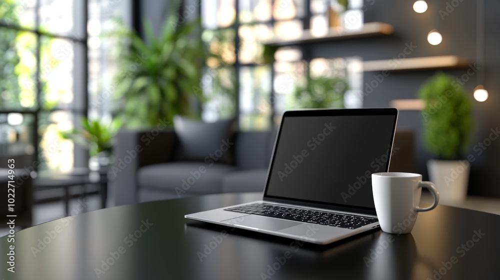 A laptop with a blank screen sits on a black table next to a white coffee mug, with a modern interior in the background. A laptop with a blank screen sits on a black table next to a white coffee mug, with a modern interior in the background.