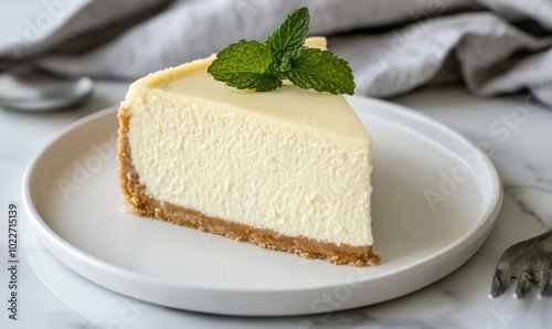 A slice of cheesecake with a green leaf on top