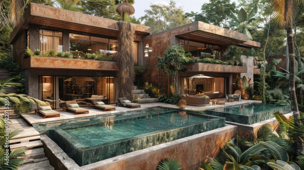 custom made wallpaper toronto digitalLuxurious tropical villa with serene pools surrounded by lush greenery in a tranquil paradise. Generative AI