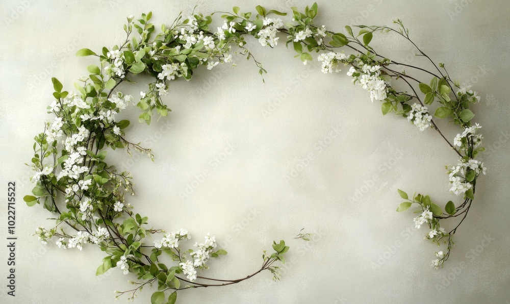 A white flower arrangement with green leaves is hanging from the ceiling A white flower arrangement with green leaves is hanging from the ceiling