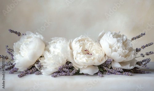 Fototapeta Naklejka Na Ścianę i Meble -  Three white peonies are arranged in a row on a table