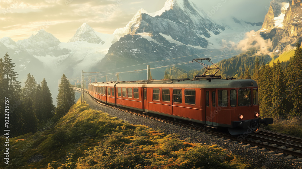 Fototapeta premium the Swiss Jungfrau railway , taken with an analog camera in the early morning light.