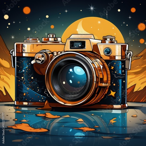 Vector Cartoon Camera with a Stunning Cosmos Reflection in the Lens photo