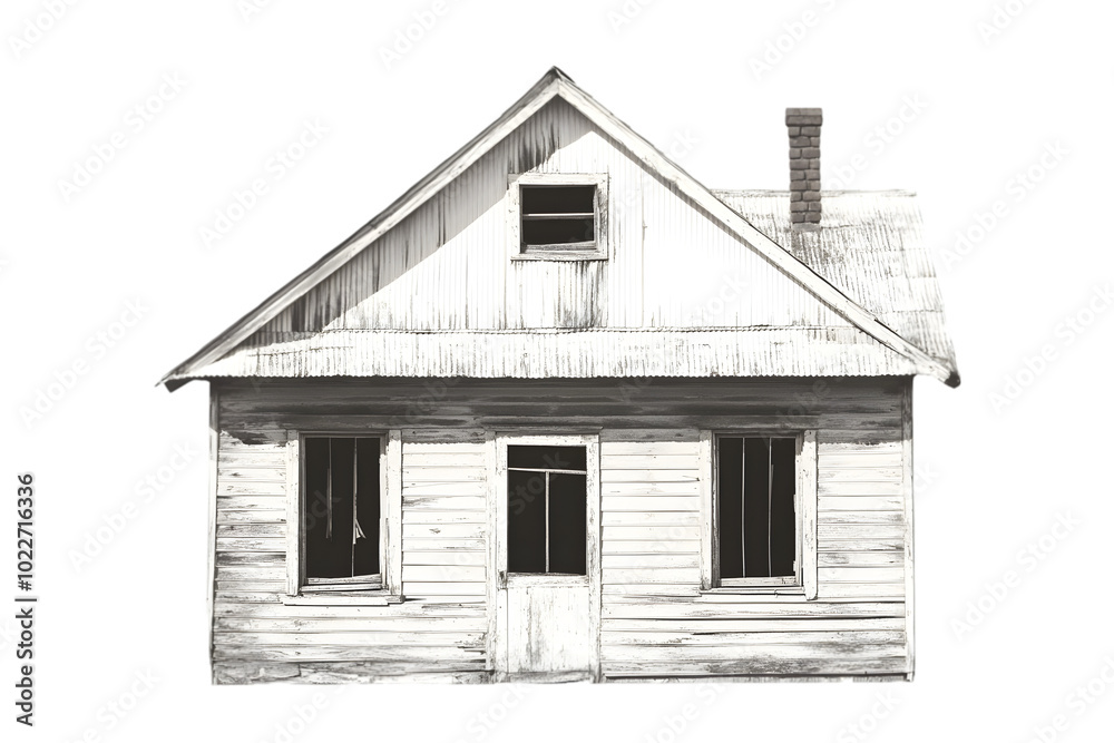 A weathered wooden house with a rustic charm, featuring a gabled roof and numerous windows.