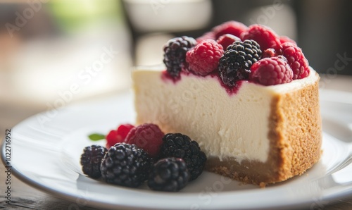 A slice of cheesecake with blackberries and raspberries on top