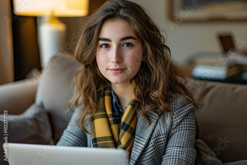 Confident young businesswoman enjoying her work  smiling while using a laptop at her desk in a modern office setting.