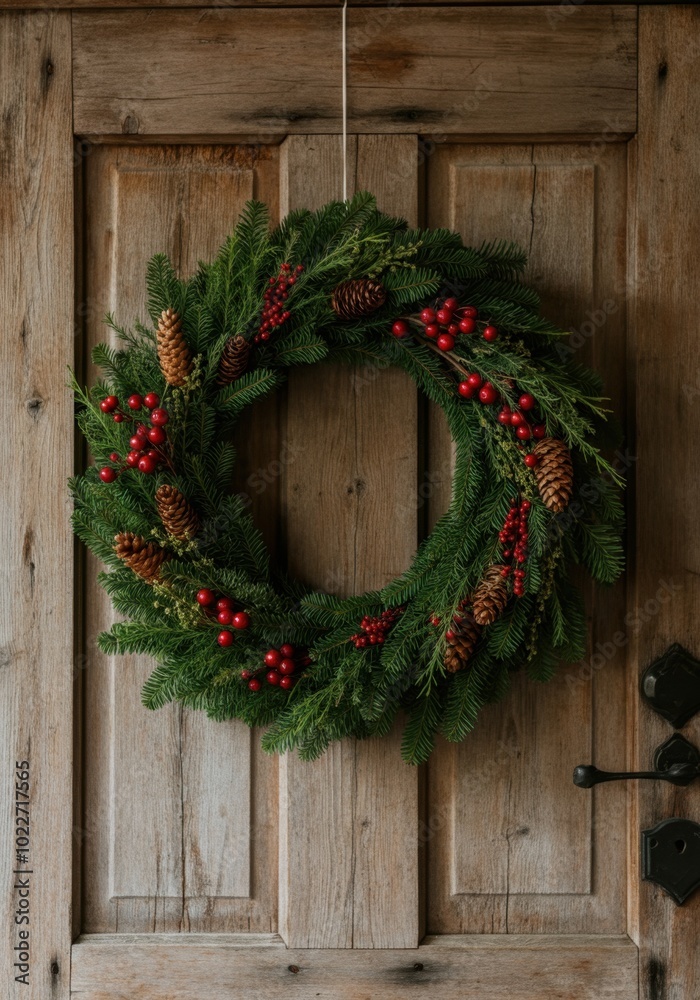 Rustic wooden door with festive christmas wreath decoration