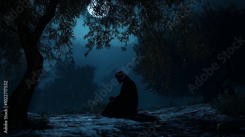 Cinematic, wide-angle shot of Jesus kneeling alone in the dark, moonlit garden of Gethsemane.