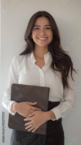 Happy and confident hispanic woman with a dark brown document case in her hand against White wall waiting in formal dress in office environment, Best Job Candidate