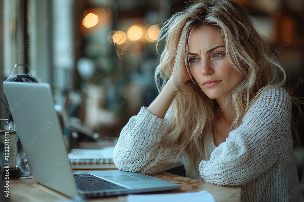 A woman sits in front of a laptop screen with her head propped up by her hand. The person looks upset about some problem. Concept of solving a difficult task. A woman sits in front of a laptop screen with her head propped up by her hand. The person looks upset about some problem. Concept of solving a difficult task.