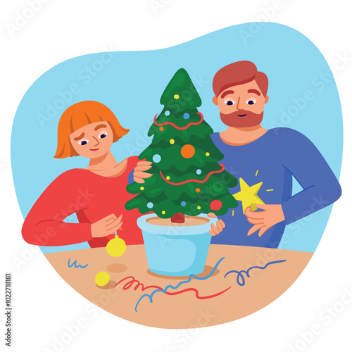 Husband and wife decorate a Christmas tree in pot