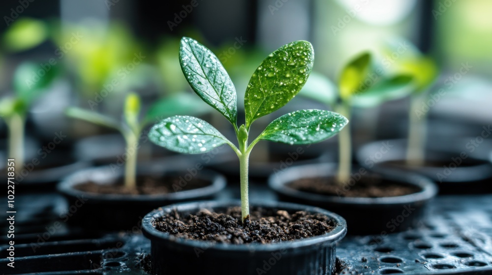 Young plants with droplets in small pots, nurturing growth. Young plants with droplets in small pots, nurturing growth.