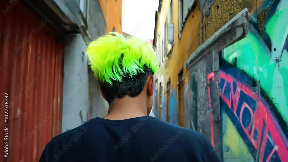 Young man with neon green and blue hair, filmed from the waist up, walking smoothly with his back to the camera along a graffiti-covered alleyway, as the vivid colors of the graffiti complement his ha