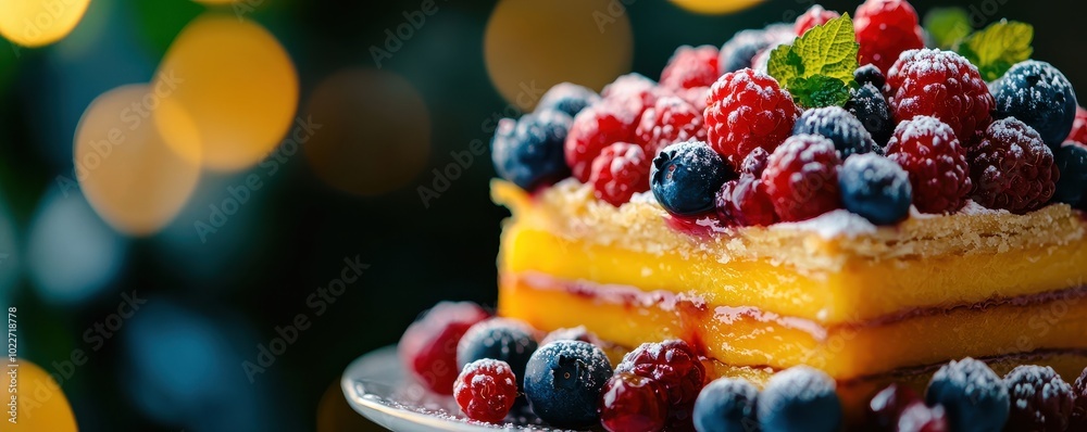 A vibrant dessert featuring layers of cream and fruit, topped with fresh raspberries and blueberries, dusted with powdered sugar. A vibrant dessert featuring layers of cream and fruit, topped with fresh raspberries and blueberries, dusted with powdered sugar.