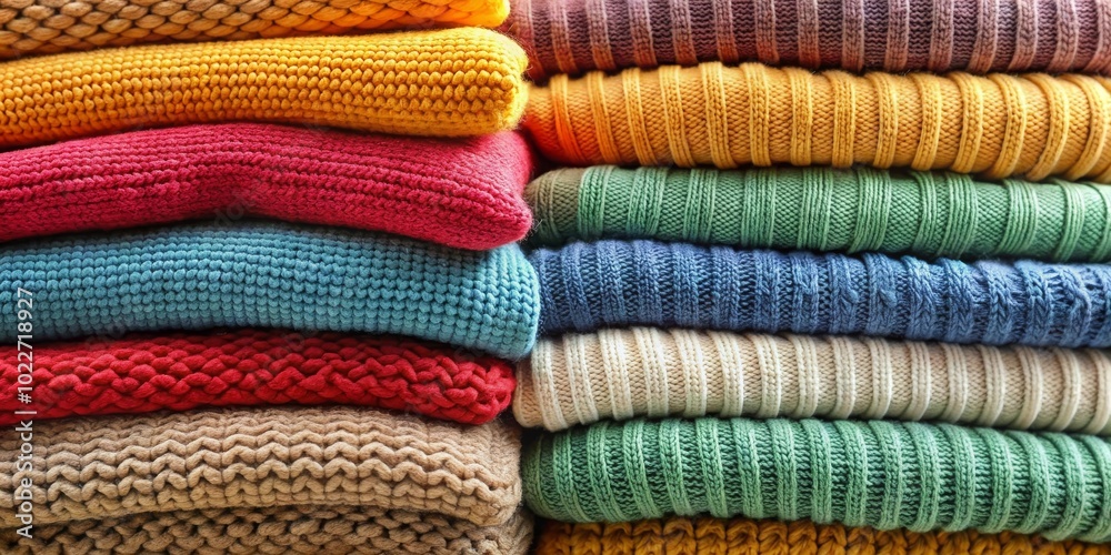 Stack of colorful knitted sweaters in various textures, winter, fashion, cozy Stack of colorful knitted sweaters in various textures, winter, fashion, cozy