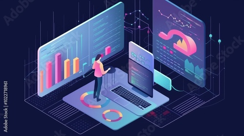 Wallpaper Mural A woman is working on a laptop in front of a monitor with a cloud on it Torontodigital.ca