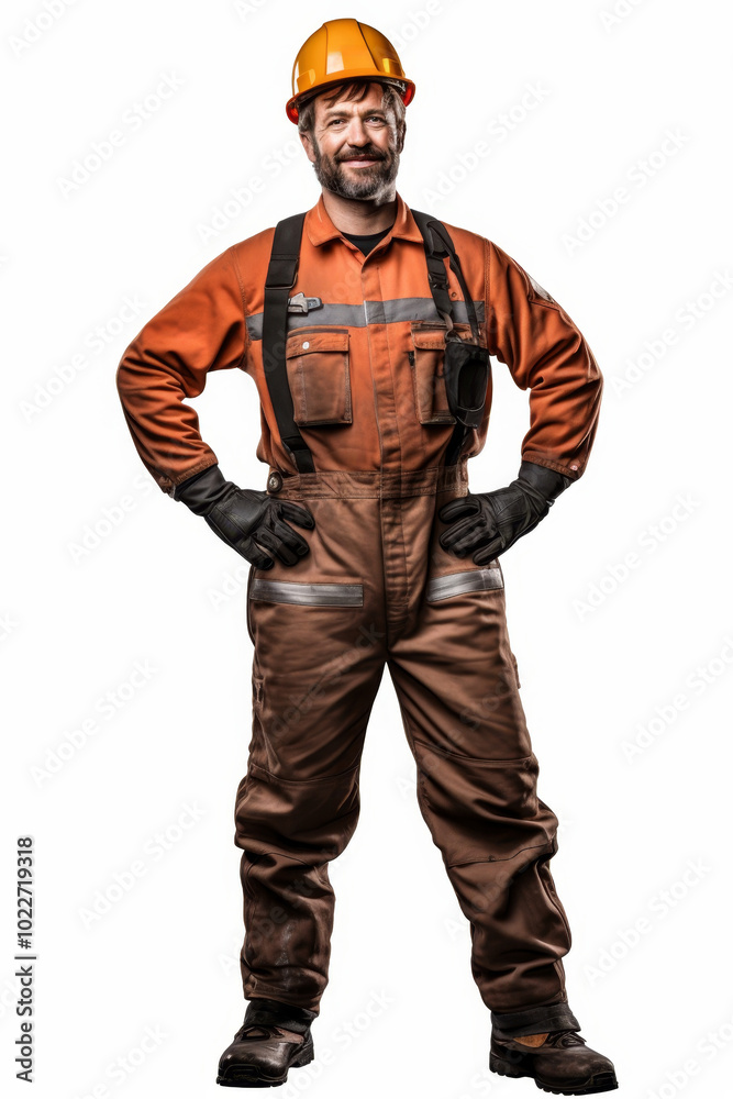 Friendly male coal miner wearing safety gear poses confidently in full body shot Friendly male coal miner wearing safety gear poses confidently in full body shot