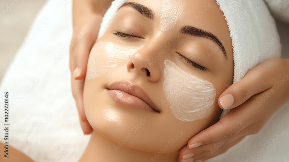 A relaxed woman enjoys a soothing facial treatment with a cream mask applied to her skin, embodying self-care and tranquility in a spa setting. A relaxed woman enjoys a soothing facial treatment with a cream mask applied to her skin, embodying self-care and tranquility in a spa setting.