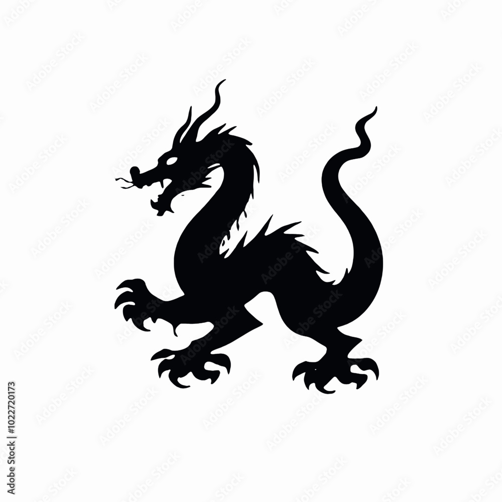 A black silhouette of a Chinese dragon with a long serpentine body, horns, and claws A black silhouette of a Chinese dragon with a long serpentine body, horns, and claws