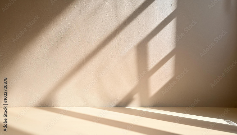 Fototapeta premium Minimal window shadow overlay background. Product placement. Minimal product placement background with shadow on plaster wall. Creative product platform stage mockup.