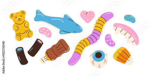 Gummy candies set. Jelly sweets. Gum bear, worm, jaws, eyeball and bottle. Sweet chewy snacks, sugar treats, confections. Funny confectionery. Flat vector illustration isolated on white background