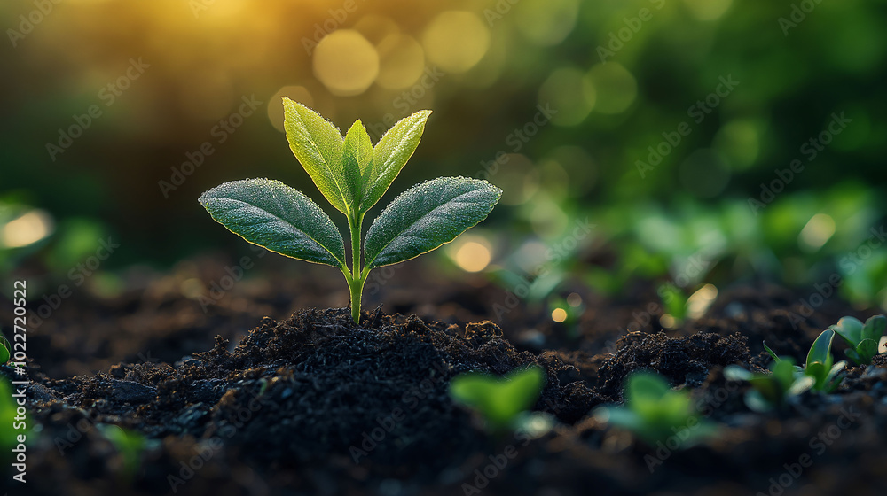 Green Sprout Growing in Soil with Dew Drops and Bokeh Background Green Sprout Growing in Soil with Dew Drops and Bokeh Background