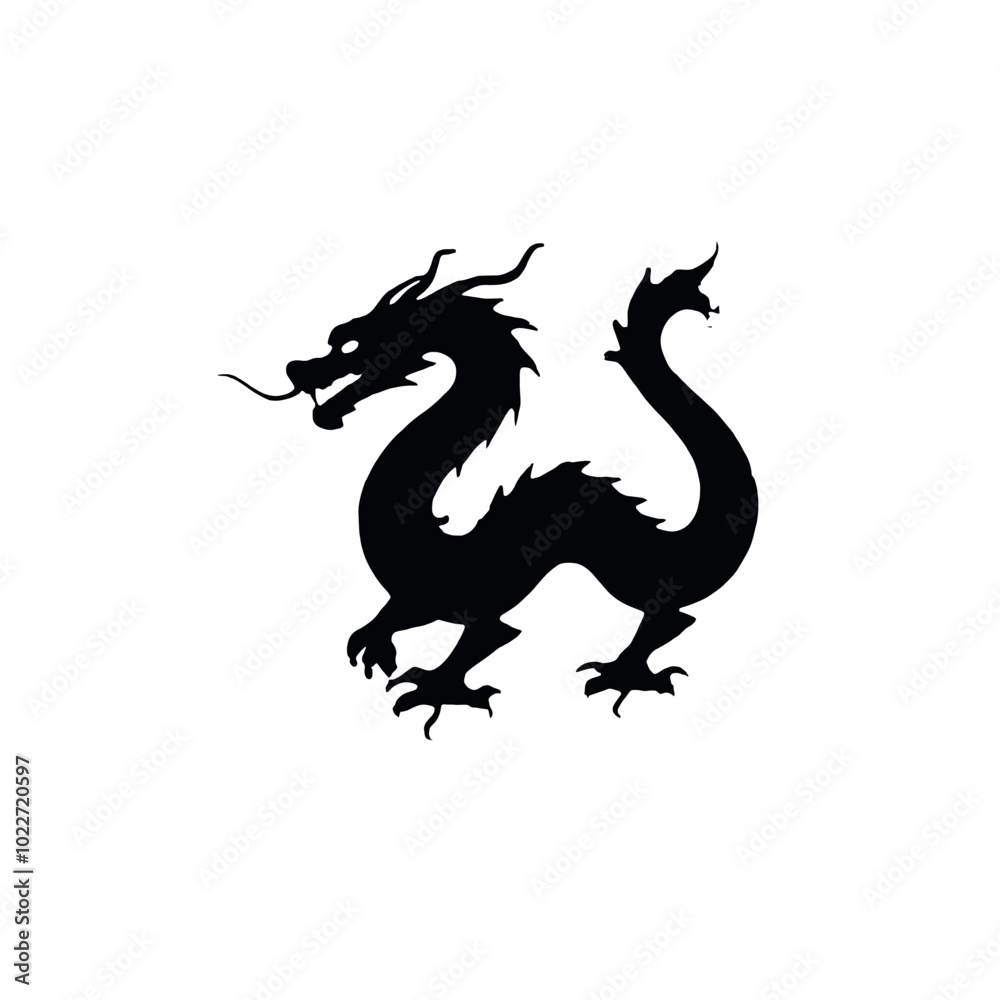 A black silhouette of a Chinese dragon with a long serpentine body, horns, and claws A black silhouette of a Chinese dragon with a long serpentine body, horns, and claws