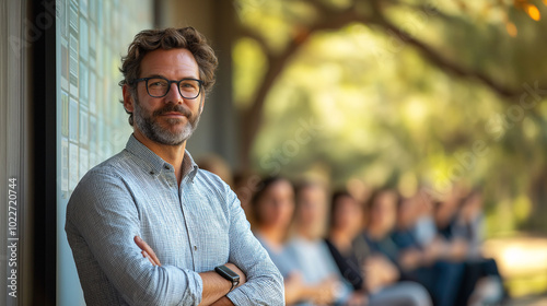 Confident Man with Glasses and Beard Arms Crossed Outdoors