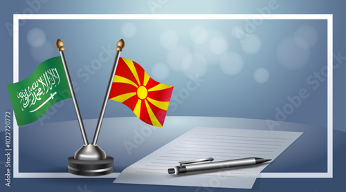 Saudi Arabia and Macedonia Small national flag on bokeh background, cooperative relationship