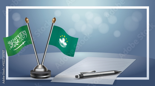 Saudi Arabia and Macao Small national flag on bokeh background, cooperative relationship