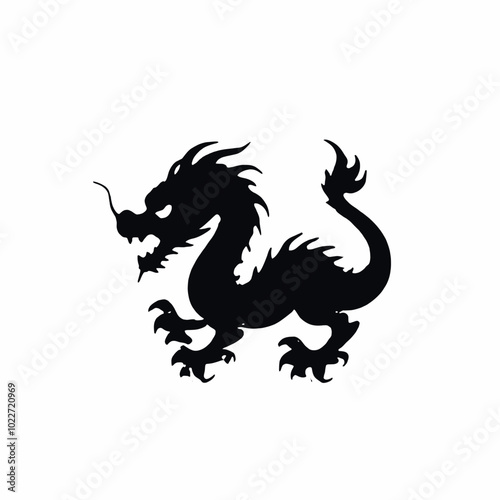 A black silhouette of a Chinese dragon with a long serpentine body, horns, and claws