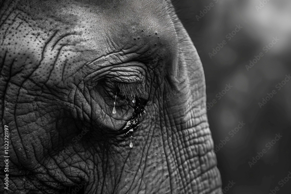 Close-Up of an Elephant's Head with Tears Under Its Eye – Emotional Expression in Blurred Background. Generative AI Close-Up of an Elephant's Head with Tears Under Its Eye – Emotional Expression in Blurred Background. Generative AI