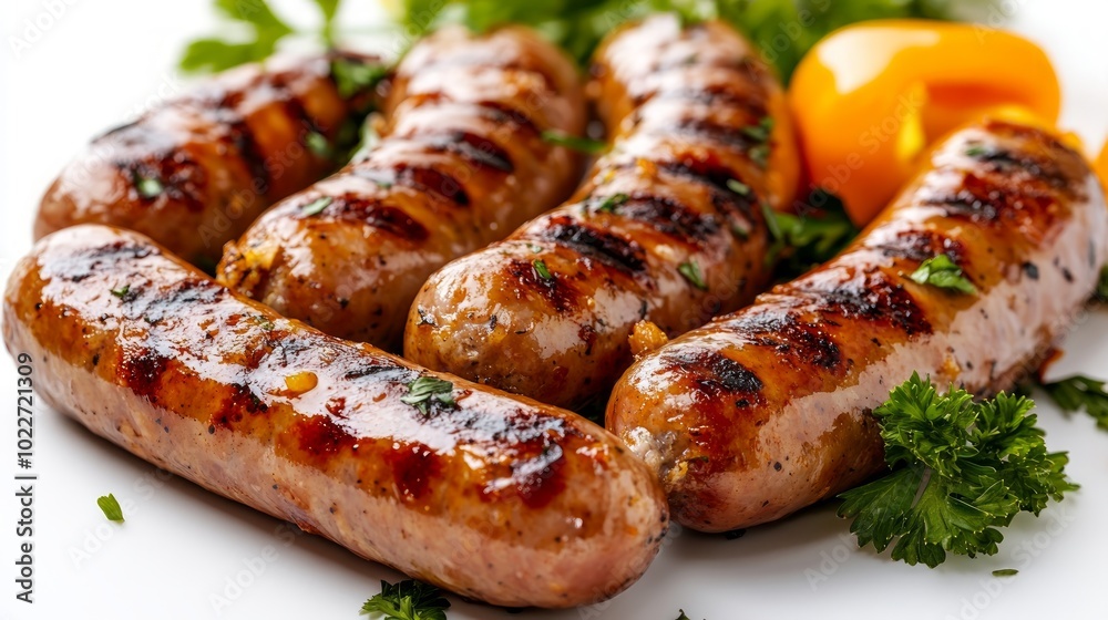Close up of four grilled sausages on a white surface with parsley and a yellow bell pepper. Close up of four grilled sausages on a white surface with parsley and a yellow bell pepper.